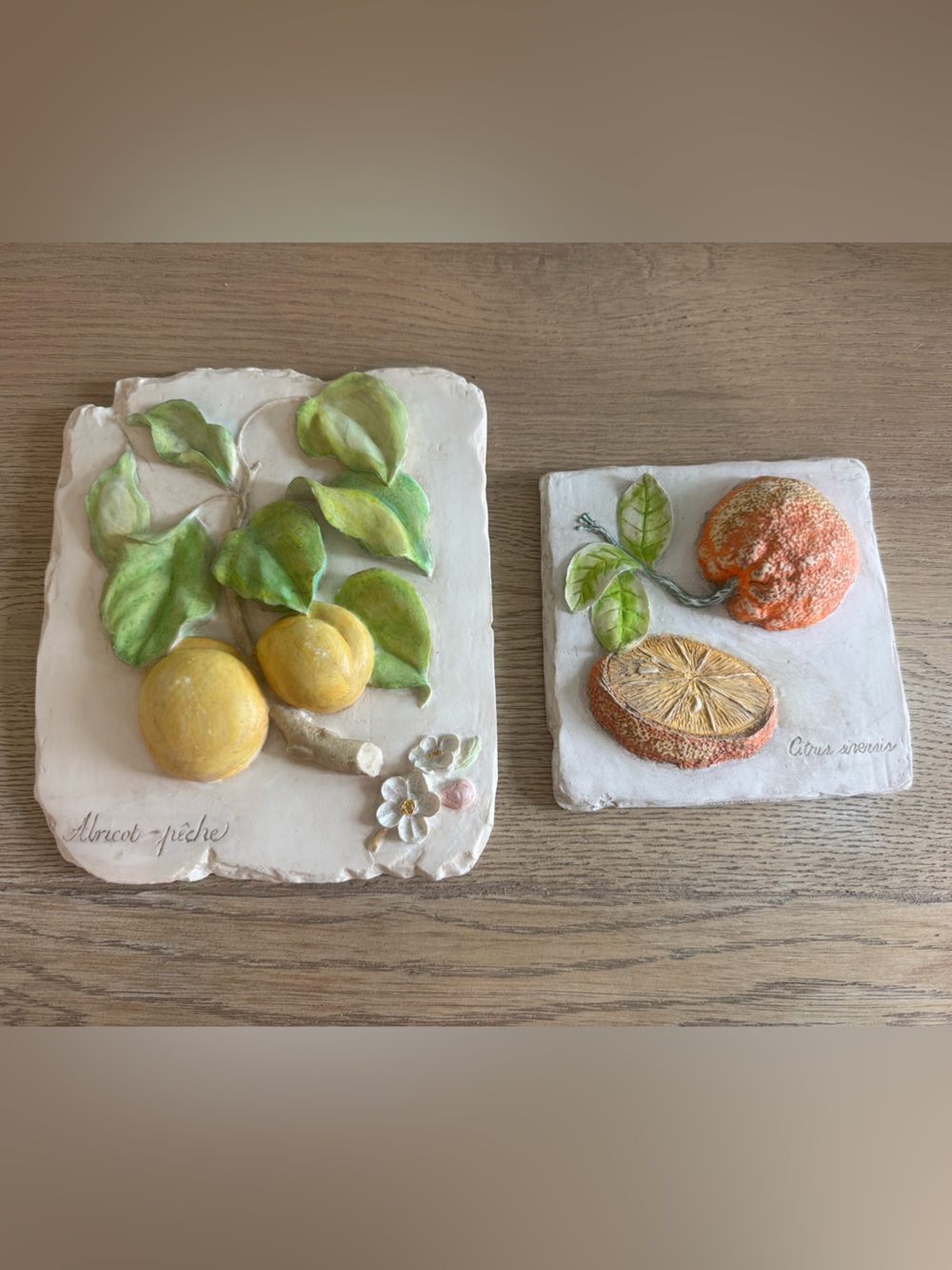 Handcrafted Fruit Relief Wall Plaque Set - Yellow & Orange